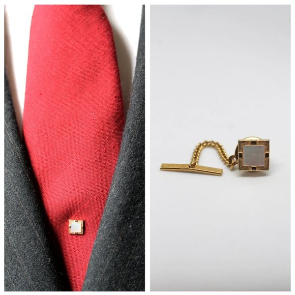 Vintage VTG Goldtone Mother of Pearl Square Tie Tack Pin |Tie Accessories | Suit - Picture 1 of 10